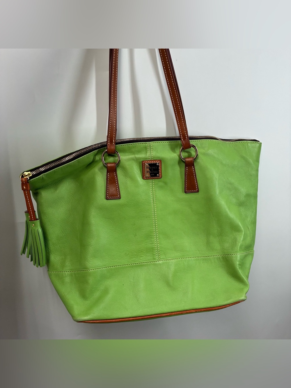 Dooney & Bourke Leather Lime Green Tote Purse Bag Tassel Y2K 2000s Big Large